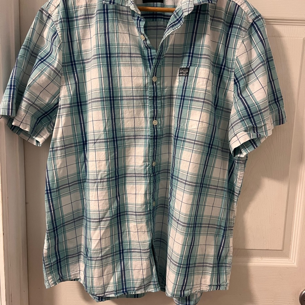 Perry‎ Ellis Blue and White Plaid Casual Shirt